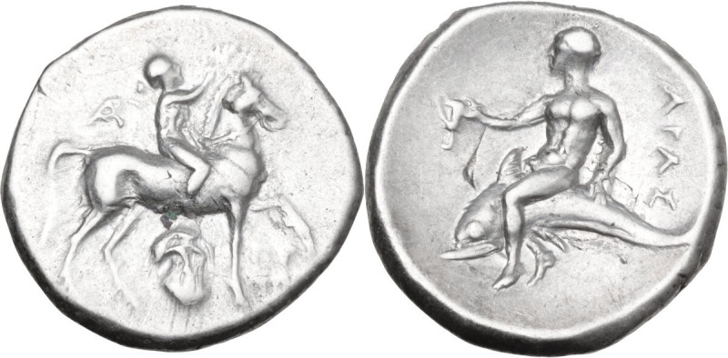 Greek Italy. Southern Apulia, Tarentum. AR Nomos, c. 272-240 BC. Obv. Nude youth...