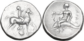 Greek Italy. Southern Apulia, Tarentum. AR Nomos, c. 272-240 BC. Obv. Nude youth on horseback right, crowning horse and holding rein; to left, monogra...