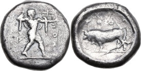 Greek Italy. Lucania, Poseidonia-Paestum. AR Stater, c. 470-445 BC. Obv. ΠOMEΣ. Poseidon standing right, drapery hanging over shoulders, preparing to ...