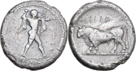 Greek Italy. Lucania, Poseidonia-Paestum. AR Stater, 445-420 BC. Obv. ΠOMEΣ. Poseidon standing right, drapery hanging over shoulders, preparing to cas...