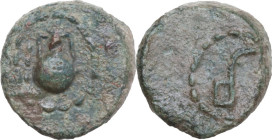 Greek Italy. Northern Lucania, Paestum. AE 13 mm, after 90 BC. Obv. Oil-flask (Aryballos). Rev. Strigil. HN Italy -; HGC 1 -; SNG ANS -; Garrucci pl. ...