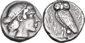 Greek Italy. Northern Lucania, Velia. AR Drachm, c. 465-440 BC. Obv. Head of nymph right, with hair in krobylos and held by band. Rev. ΥΕΛΗ. Owl stand...
