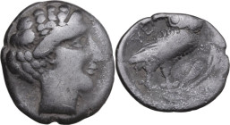 Greek Italy. Northern Lucania, Velia. AR Drachm, c. 465-440 BC. Obv. Head of nymph right. Rev. ΥΕ[ΛΗ]. Owl right, perched on olive-twig, wings closed....