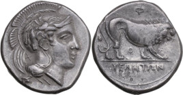 Greek Italy. Northern Lucania, Velia. AR Didrachm, c. 340-334 BC. Theta group. Obv. Head of Athena right, wearing crested Attic helmet decorated with ...