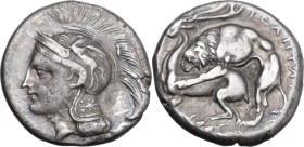 Greek Italy. Northern Lucania, Velia. AR Didrachm, c. 280 BC. Obv. Head of Athena left, wearing helmet decorated with Pegasus; above, [A]; behind neck...