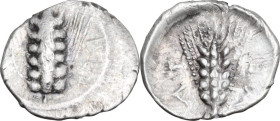 Greek Italy. Southern Lucania, Metapontum. AR Obol, c. 440-430 BC. Obv. Ear of barley with six grains; MET retrograde downward to right. Rev. Ear of b...