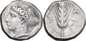 Greek Italy. Southern Lucania, Metapontum. AR Stater, 400-340 BC, signed by master Aristoxenos. Obv. Head of Demeter left, hair bound in sphendone; on...