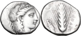 Greek Italy. Southern Lucania, Metapontum. AR Stater, c. 400-340 BC. Obv. Wreathed head of Demeter right, wearing grain wreath; barley grain behind, [...
