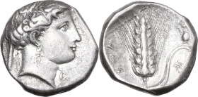 Greek Italy. Southern Lucania, Metapontum. AR Stater, c. 340-330. Obv. Wreathed and veiled head of Demeter right, wearing earring. Rev. META. Barley e...