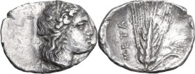 Greek Italy. Southern Lucania, Metapontum. AR Diobol, 430-400 BC. Obv. Head of Demeter right, wearing wreath of grain. Rev. Ear of barley: to right, p...