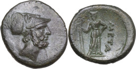 Greek Italy. Southern Lucania, Metapontum. AE 19 mm, late 3rd century BC. Obv. Head of Leukippos right, wearing crested Corinthian helmet with hippoca...