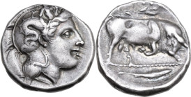 Greek Italy. Southern Lucania, Thurium. AR Stater, 400-350 BC. Obv. Head of Athena right, wearing crested Attic helmet decorated with Scylla holding t...