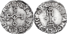The Lombards at Beneventum. Sico (817-832). AR Denarius. Obv. Three pellets in triangle PRINCES BENEBENTI. Cruciform monogram of Sico with pellet in c...
