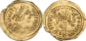 Lombardic Italy. Uncertain King. AV Tremissis. Pseudo-Imperial Coinage. In the name of Justinian I (527-565). Uncertain Italian mint. Obv. DN IVSTINIA...