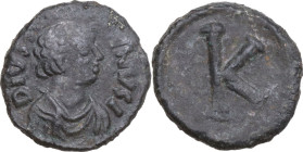 Justinian I (527-565). AE Half Follis. Salona mint, c. 552-565. Obv. D IVS[TINI]ANVS I. Diademed, draped, and cuirassed bust right. Rev. Large K. D.O....