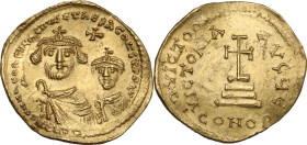Heraclius (610-641). AV Solidus, Constantinople mint. Obv. DD NN HЄRACLIЧS ЄT HЄRA CONST PP AVG. Diademed and draped busts facing of Heraclius and Her...