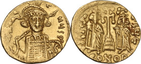 Constantine IV Pogonatus, with Heraclius and Tiberius (668-685). AV Solidus. Constantinople mint, uncertain officina. Struck circa 674-681. Obv. ∂N CO...
