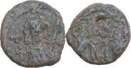 Constantine IV, Pogonatus (668-685). AE Follis, Carthage mint. Obv. Helmeted and cuirassed bust facing, with short beard, holding spear and shield. Re...