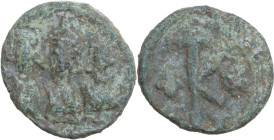 Constantine IV, Pogonatus (668-685). AE Half Follis, Carthage mint. Obv. Crowned facing busts of Heraclius, Constantine and Tiberius. Rev. Large monog...