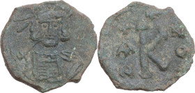 Constantine IV Pogonatus (668-685). AE Half Follis, Syracuse mint, dated RY 4. Obv. Bust three-quarters facing right, wearing helmet and cuirass, and ...