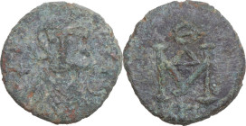 Justinian II (First Reign, 685-695). AE Follis, Carthage mint. Obv. Crowned and draped facing bust, holding globus cruciger, crown topped with cross. ...