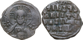 Basil II Bulgaroktonos, with Constantine VIII (976-1025). (time of). AE Anonymous Follis. Obv. +EMMANOVHA IX-XC. Nimbate bust of Christ facing, holdin...
