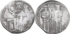 Andronicus II and Michael IX (1295-1320). AR Basilikon, Constantinople mint. Obv. KYPIЄ BOHΘЄI / IC - XC. Christ enthroned facing, raising hand in ben...
