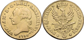 Vittorio Amedeo III (1773-1796). Doppia 1786 Torino. MIR (Savoia) 982a; Biaggi 843a; Simonetti 4. AU. 8.92 g. 25 mm. Proveniente da montatura. MB+.