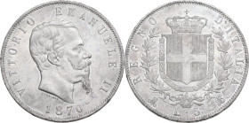 Vittorio Emanuele II (1861-1878). 5 lire 1870 Milano. MIR (Savoia) 1082i; Pag. (decimali) 490. AG. 24.95 g. 37 mm. Bei fondi. qSPL/SPL.