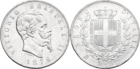 Vittorio Emanuele II (1861-1878). 5 lire 1876 Roma. MIR (Savoia) 1082x; Pag. (decimali) 501. AG. 25 g. 37.5 mm. qSPL/SPL.
