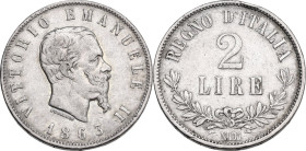 Vittorio Emanuele II, Re d'Italia (1861-1878). 2 lire 1863 N. Pag. (decimali) 508; MIR (Savoia) 1084a. AG. 27 mm. NC. Colpetto al ciglio. Patina ripos...