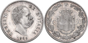 Umberto I (1878-1900). 50 centesimi 1889. Pag. (decimali) 608; MIR (Savoia) 1104a. AG. 2.5 g. 18 mm. R. Minimi segnetti. Ottimo esemplare con fondi an...