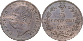 Umberto I (1878-1900). 5 centesimi 1896. Pag. (decimali) 618; MIR (Savoia) 1107b. CU. 4.91 g. 25 mm. Rame parzialmente rosso. SPL+.