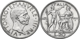 Vittorio Emanuele III (1900-1943). 20 Lire A. VI, 1928. Pag. (decimali) 673; MIR (Savoia) 1128c. AG. 35.5 mm. R. Minime tracce di pulizia. Graffio al ...