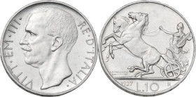 Vittorio Emanuele III (1900-1943). 10 lire 1927 *. Pag. (decimali) 692; MIR (Savoia) 1132c. AG. 10.05 g. 27.5 mm. Minimi hairlines. SPL.
