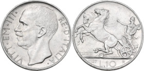 Vittorio Emanuele III (1900-1943). 10 lire 1927 **. Pag. (decimali) 692a; MIR (Savoia) 1132d. AG. 10 g. 27 mm. Metallo lucente. qSPL.