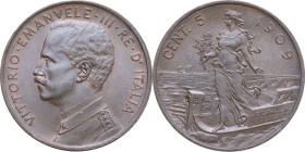 Vittorio Emanuele III (1900-1943). 5 centesimi 1909. MIR (Savoia) 1163b; Pag. (decimali) 893. CU. 4.95 g. 25 mm. Graffio al diritto. qFDC.