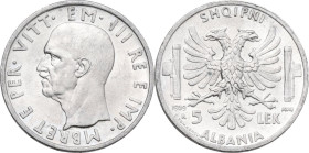 Albania. Vittorio Emanuele III (1900-1943). 5 lek 1939 A. XVII. Pag. (decimali) 992; MIR (Savoia) 1184a. AG. 5 g. 23 mm. Minimi segnetti, altrimenti. ...