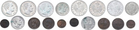 Vittorio Emanuele III (1900-1943). Lotto di nove (9) monete: 2 lire 1905, 2 lire 1906, 2 lire 1907, lira 1906, lira 1907, 2 centesimi 1905, 2 centesim...