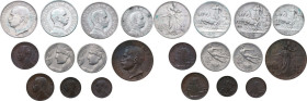 Vittorio Emanuele III (1900-1943). Lotto di undici (11) monete; 2 lire 1910, 2 lire 1911, 2 lire 1911 (cinquantenario), lira 1910, 20 centesimi 1910, ...