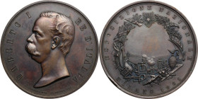 Regnando Umberto I (1878-1900). Medaglia 1881 per l'Esposizione Nazionale di Milano. D/ UMBERTO I RE D'ITALIA. Testa nuda a sinistra; sotto, F. BARZAG...