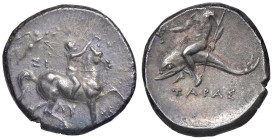 GRECHE - CALABRIA - Taranto - Didracma Mont. 1583; S. Ans. 1225 (AG g. 6,54) Leggermente decentrata al R/

Status: BB-SPL

Notes: Leggermente dece...