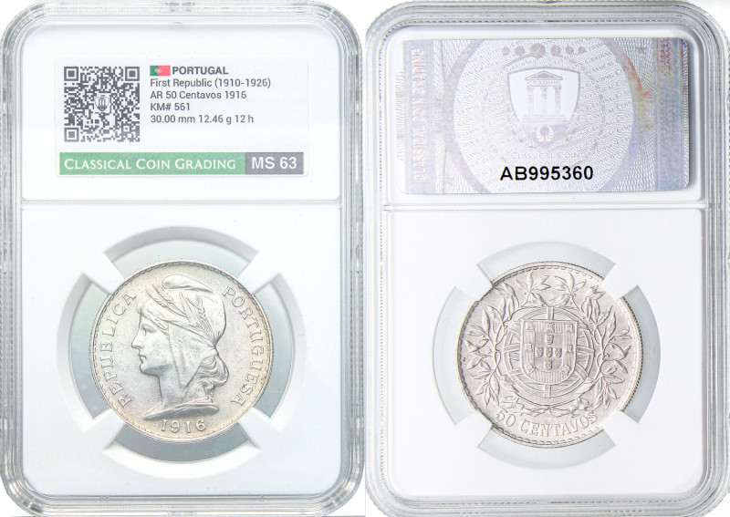 ESTERE - PORTOGALLO - Repubblica (1910) - 50 Centavos 1916 Kr. 561 AG Sigillata ...