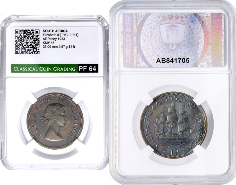 ESTERE - SUD AFRICA - Elisabetta II (1952-1960) - Penny 1953 Kr. 46 CU Sigillata...
