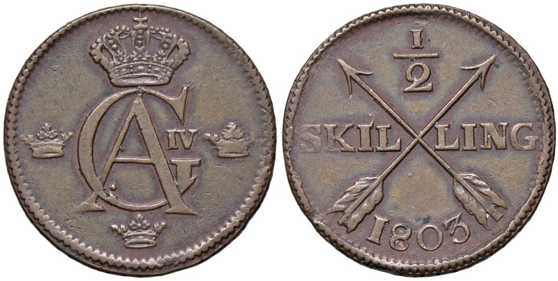 ESTERE - SVEZIA - Gustavo IV Adolfo (1792-1809) - 1/2 Skilling 1803 Kr. 565 CU
...