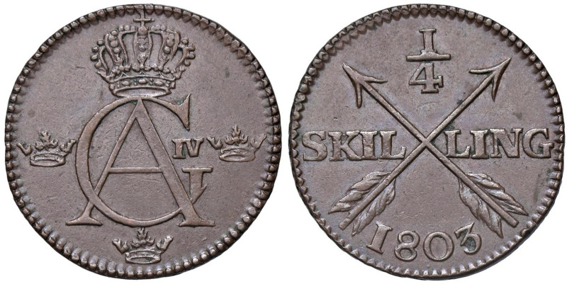 ESTERE - SVEZIA - Gustavo IV Adolfo (1792-1809) - 1/4 Skilling 1803 Kr. 389 CU
...