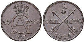ESTERE - SVEZIA - Gustavo IV Adolfo (1792-1809) - 1/4 Skilling 1803 Kr. 389 CU

Status: SPL

Notes: