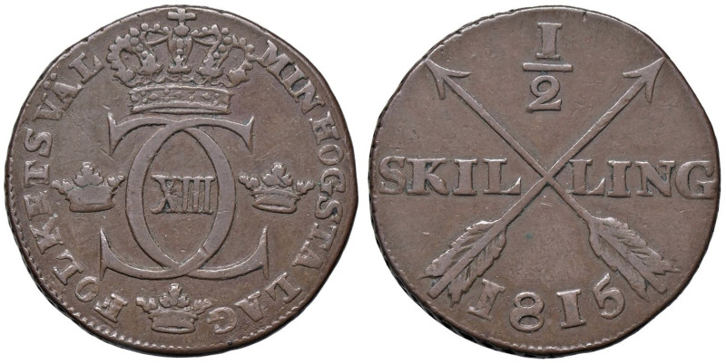 ESTERE - SVEZIA - Carlo XIII (1809-1818) - 1/2 Skilling 1815 Kr. 404 CU

Statu...