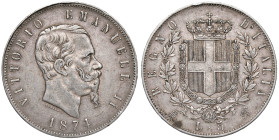 SAVOIA - Vittorio Emanuele II Re d'Italia (1861-1878) - 5 Lire 1874 M Pag. 498; Mont. 182 AG Colpetto

Status: BB

Notes: Colpetto