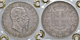 SAVOIA - Vittorio Emanuele II Re d'Italia (1861-1878) - 5 Lire 1875 M Pag. 499; Mont. 184 AG Sigillata Francesco Cavaliere (bustina leggermente rovina...